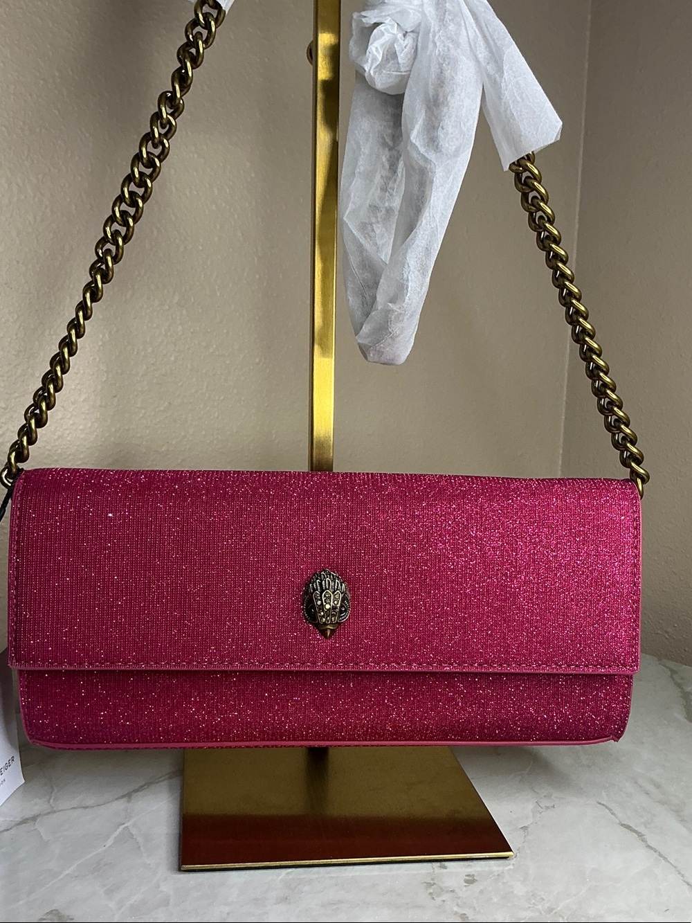 Kurt Geiger London elongated clutch vibrant pink glitter finish w/ eagle head. - Picture 6 of 6